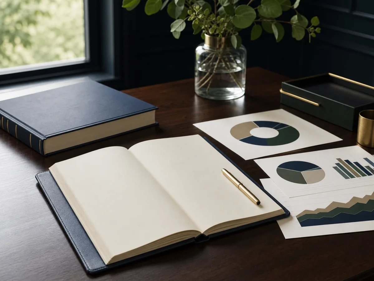 Investment planning notebook, finance book, and portfolio allocation charts on a desk
